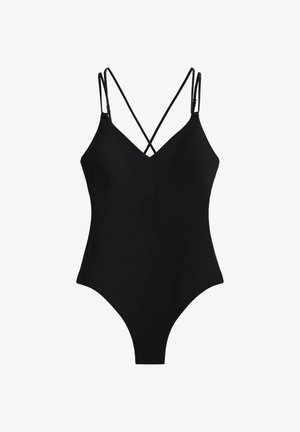 Zwarte eendelige badpak met een V-hals en verstelbare kruislingse bandjes. Soepele stof en een hoog uitgesneden beenlijn. Geen zichtbare patronen of versieringen.