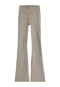 Pantalon en tissu beige côtelé avec taille haute et jambes évasées, conçu pour un port décontracté ou détente.