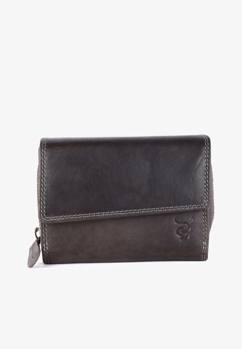 Brun läderplånbok med en vikbar klaff, kontrasterande vit söm och en subtil präglad logotyp. Fick med dragkedja på sidan.