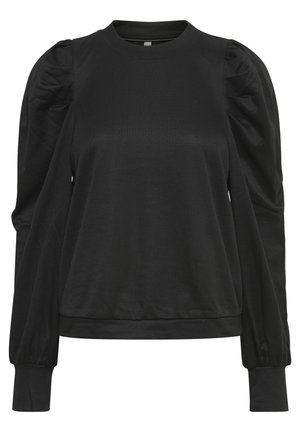 Black sweatshirt with a crew neck, featuring puffed long sleeves and a fitted hem. Made from soft, stretchable fabric with a smooth texture.