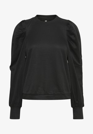 Schwarzer Sweatshirt mit Rundhalsausschnitt, ausgestattet mit gepufften langen Ärmeln und einem enganliegenden Saum. Hergestellt aus weichem, dehnbarem Material mit einer glatten Textur.