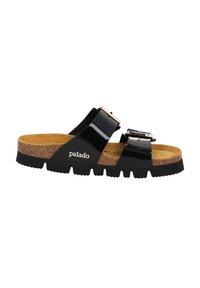 Sandalo a infradito in pelle verniciata nera con due cinturini regolabili, soletta in sughero e suola in gomma nera testurizzata. Presenta dettagli in metallo color oro.