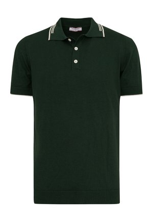 Mørkegrøn polo t-shirt med korte ærmer, hvide knapper og hvide stribede kravedetaljer, strikket stof, ubundet krave.