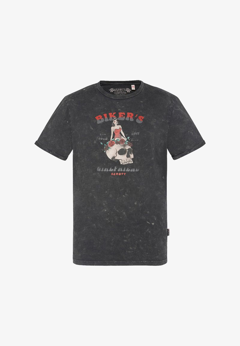 Schwarzes Grafik-T-Shirt mit einem verblassten Design, das einen Skull und eine Frau in Rot zeigt, mit dem Text "BIKER'S GIRLFRIEND SCHOTT", kurzen Ärmeln und einem Rundhalsausschnitt.
