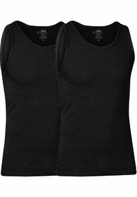 Schwarze Baumwoll-Tanktops mit einem figurbetonten Design, ärmellosem Schnitt und Rundhalsausschnitt. Enthält zwei Stücke in einer Packung, mit glatter Textur und dehnbarem Stoff.