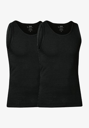 Schwarze Baumwoll-Tanktops mit einem figurbetonten Design, ärmellosem Schnitt und Rundhalsausschnitt. Enthält zwei Stücke in einer Packung, mit glatter Textur und dehnbarem Stoff.