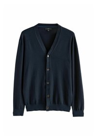 Marineblå knap-up cardigan lavet af blødt stof, med V-hals, lange ærmer og seks mørke knapper fortil.