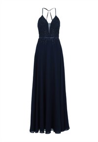 Robe de soirée bleu marine avec un décolleté plongeant, corsage embellit et fines bretelles réglables ; jupe longue et fluide avec une texture lisse.
