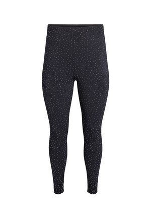 Black leggings featuring a dotted pattern in white, made from a stretchy material. The design is form-fitting with a standard waistband.