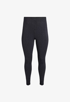 Černé legíny s tečkovaným vzorem v bílé barvě, vyrobené z elastického materiálu. Design je přiléhavý a má standardní pásek.