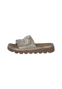 Silver slide sandal with a ruffled strap, textured cork sole, and scalloped edge. Features a smooth upper and cushioned footbed.