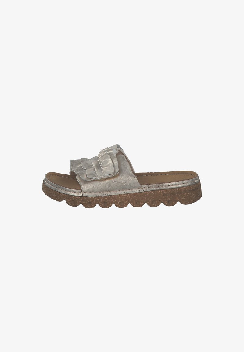 Silver slide sandal with a ruffled strap, textured cork sole, and scalloped edge. Features a smooth upper and cushioned footbed.