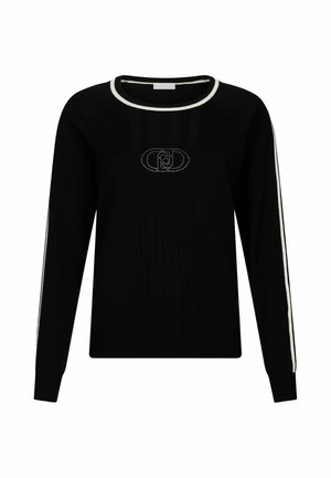 Pullover nero con scollatura rotonda, texture a coste verticali e strisce laterali bianche a contrasto. Presenta un dettaglio logo sul davanti.