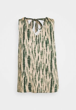 Tílko bez rukávů v béžové barvě se zeleným batikovaným vzorem. Má výstřih do V a zavazování na zadní straně. Lehká látka s hladkou texturou.