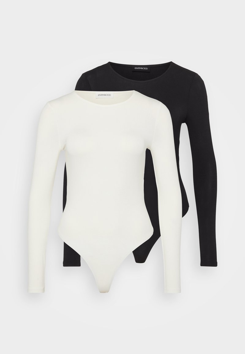 Due bodysuit a maniche lunghe, in bianco e nero. Realizzati in tessuto morbido, presentano scollature rotonde e un fondo a perizoma per un indossare aerodinamico.