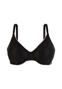 Soutien-gorge noir avec une texture lisse, des bonnets triangulaires et des bretelles réglables. Présente un accent doré le long du décolleté et un petit logo.