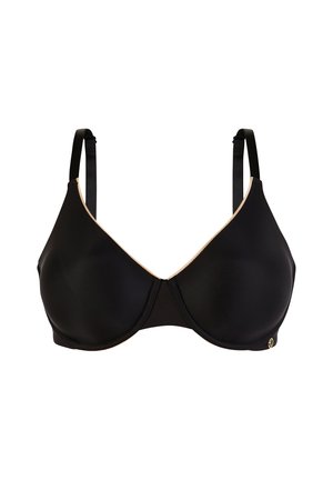 Soutien-gorge noir avec une texture lisse, des bonnets triangulaires et des bretelles réglables. Présente un accent doré le long du décolleté et un petit logo.