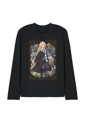 Black long-sleeve shirt with illustration of a girl in a black robe and blue scarf, surrounded by flowers and a small dragon in the background.