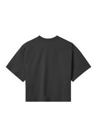 Kortærmet, kort t-shirt i mørkegrå bomuld. Glat tekstur, rund halsudskæring og minimale syninger på ryggen.