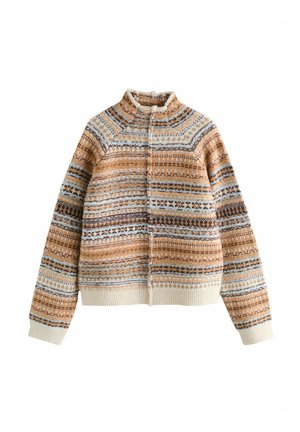 Musterpullover aus Strick in Orange, Braun und Creme. Mit hohem Kragen, gerippten Bündchen und strukturiertem Stoff mit filigranen geometrischen Designs.