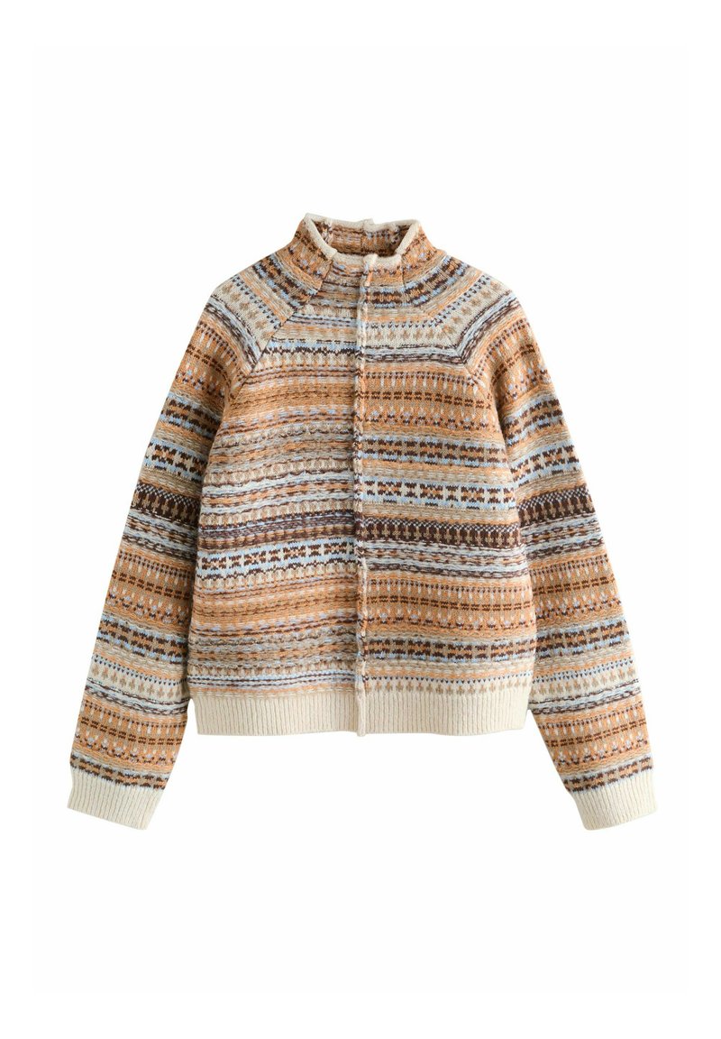 Musterpullover aus Strick in Orange, Braun und Creme. Mit hohem Kragen, gerippten Bündchen und strukturiertem Stoff mit filigranen geometrischen Designs.