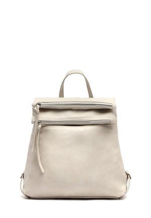 Light gray leather backpack with a zippered top, front zip pocket, and adjustable straps. Smooth texture with a minimalist design.