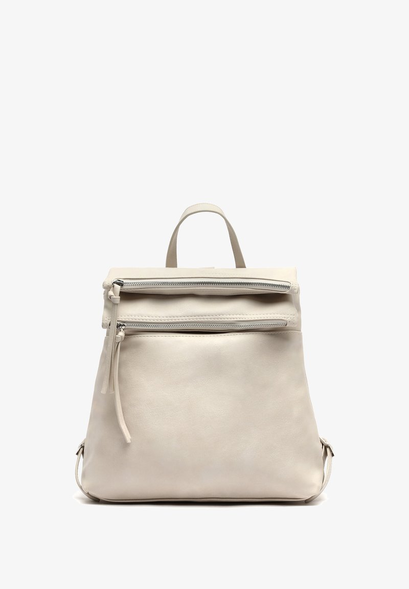 Svetlošedý kožený batoh so zipsovým vrchom, prednou zipsovou vreckom a nastaviteľnými popruhmi. Hladký povrch s minimalistickým dizajnom.