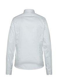 Weißes Langarmhemd mit standardmäßigem Kragen, einfarbiger Textur und geknöpften Manschetten; zeichnet sich durch ein sauberes, tailliertes Rückendesign aus.