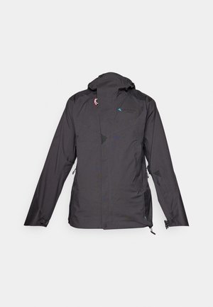 Mustat vedenpitävät takki, jossa on huppu, vetoketjusuljenta, säädettävät hihansuut ja ilmanvaihtokanavat. Varustettu logolla ja kahdella sivutaskulla.