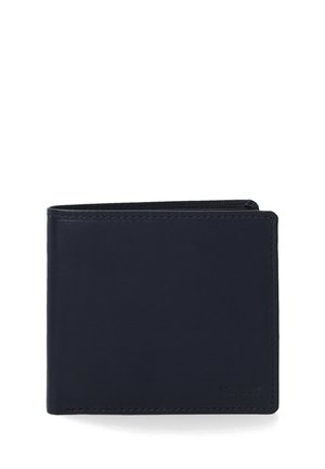 Marineblaues Lederportemonnaie, design mit zwei Falten, glatte Textur, minimalistische Nähte, geprägtes Logodetail, kompakte Größe für Karten und Bargeld.