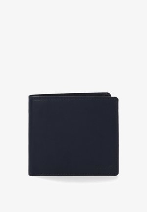 Portefeuille en cuir bleu marine, design portefeuille bi-fold, texture lisse, couture minimale, détail de logo embossé, taille compacte pour les cartes et les billets.
