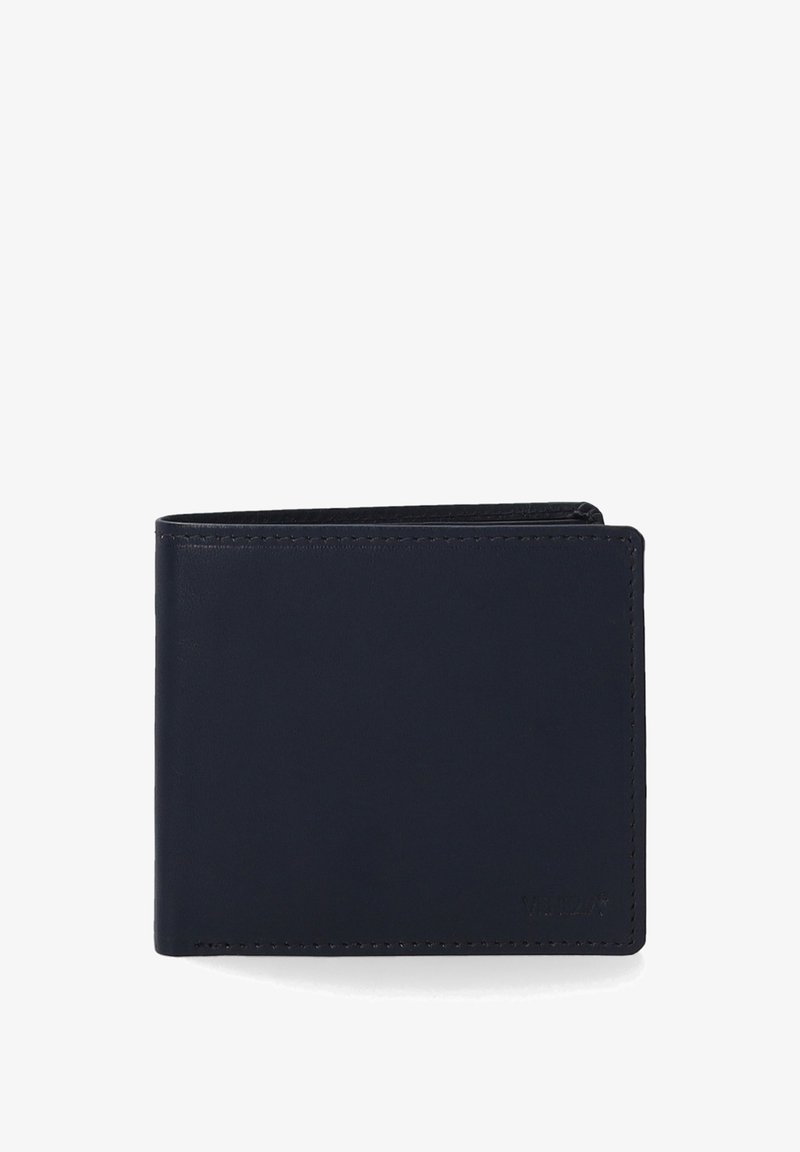 Navy leather wallet, bi-fold design, smooth texture, minimal stitching, embossed logo detail, compact size for cards and cash.