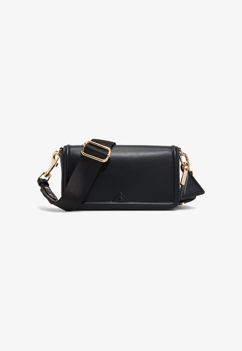 Black synthetic leather handbag with gold hardware, rectangular shape, adjustable strap, and triangular accent on the side.