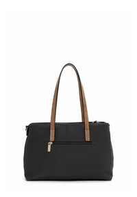 Borsa a tracolla nera con manici in finta pelle marrone, caratterizzata da una tasca frontale con zip, texture liscia e forma strutturata.