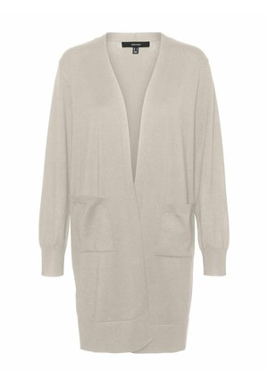 Ljusgrå lång cardigan med avslappnad passform, öppen framsida och två framfickor; mjuk stickad textur och ribbade ärmslut.