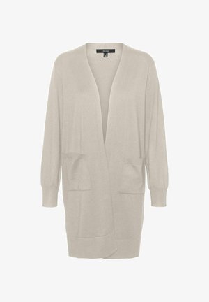 Hellgrauer, langer Cardigan mit lässiger Passform, offenem Vorderteil und zwei vorderen Taschen; weicher Strickstoff und gerippte Ärmelbündchen.