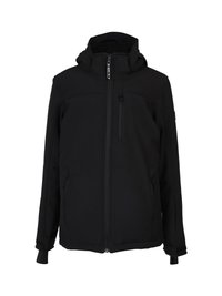 Fekete kapucnis softshell dzseki elülső cipzárral, cipzáras mellzsebbel és két oldalsó zsebbel, kifejezetten szabadtéri használatra tervezve.