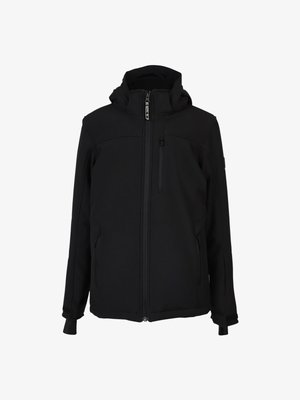 Svart hettejakke i softshell med frontglidelås, glidelåslomme på brystet og to sidelommer, designet for utendørsbruk.