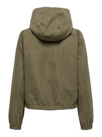 Veste à capuche vert olive avec poignets et ourlet élastiques, vue de dos sur fond blanc.