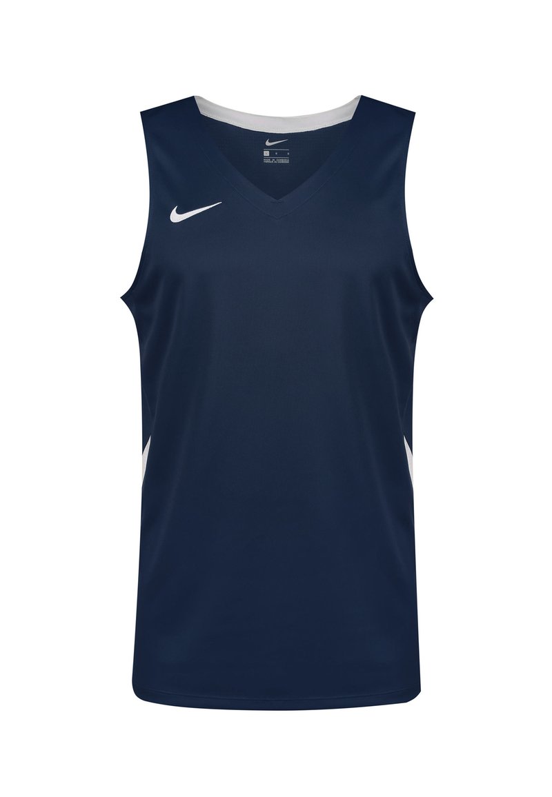 Maglia atletica senza maniche di colore blu navy con dettagli bianchi, design a scollo a V, realizzata in tessuto leggero, con il logo Nike sul petto.