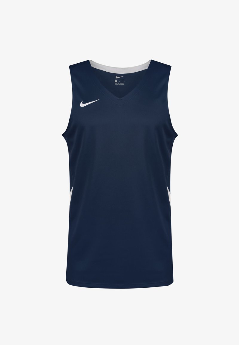 Maglia atletica senza maniche di colore blu navy con dettagli bianchi, design a scollo a V, realizzata in tessuto leggero, con il logo Nike sul petto.