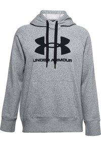 Sudadera gris de Under Armour con logotipo y texto en negro, bolsillo tipo canguro, mangas largas, capucha con cordón y puños y dobladillo de canalé.