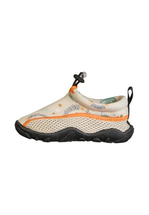 Children's slip-on water shoe with beige floral fabric, orange trim, mesh sides, black textured sole, and adjustable toggle closure.