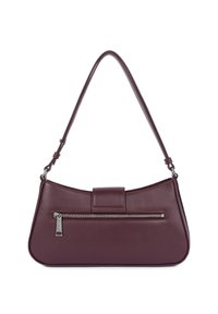 Borsa a mano in pelle bordeaux con un design curvo, tasca frontale con zip e una sola tracolla. Texture liscia con hardware minimale.