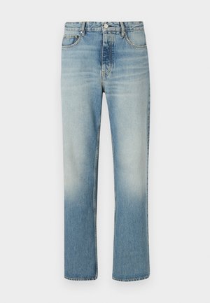 Helle blaue Jeans mit geradem Bein aus Denim-Stoff und einem verwaschenen Finish. Verfügt über fünf Taschen, Gürtelschlaufen und einen Reißverschluss mit Knopfverschluss.