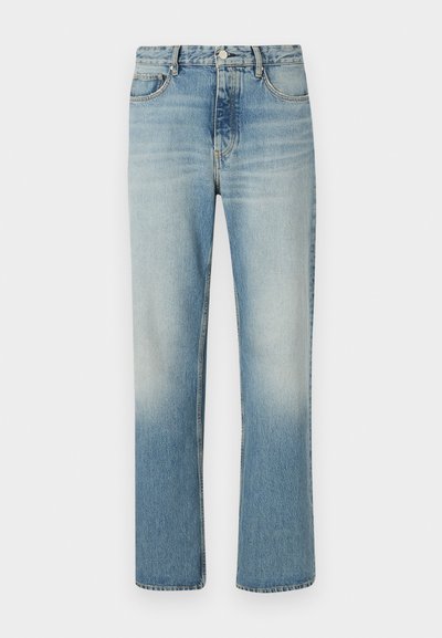 Jeanși drepti de un albastru deschis din material denim cu un finisaj decolorat. Prezintă cinci buzunare, curea și un fermoar cu închidere cu buton.
