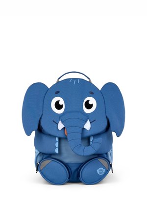 Blue children's backpack with elephant face, ears, trunk, and tusks, featuring front zipper pockets shaped like feet.