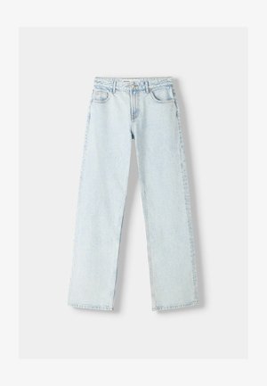 Light blue denim jeans with a straight-leg design, five pockets, and subtle fading. Features a classic waistband and belt loops.