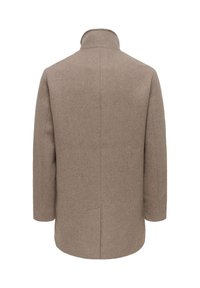 Manteau en laine marron à coupe droite, col montant et sans fermetures visibles. Doté de poches latérales et d'une finition lisse et texturée.