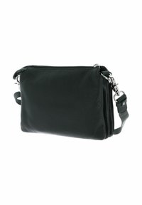 Sac en cuir texturé noir en bandoulière avec sangle réglable, compartiments zippés et accents en métal argenté.